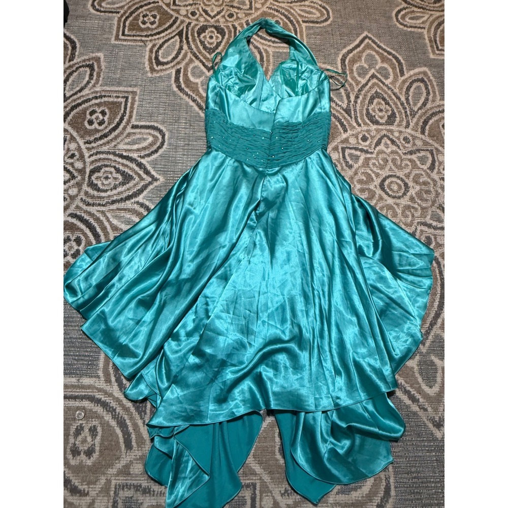Lenovia USA Turquoise Satin Halter Handkerchief Hem Rhinestone Formal Dress M - Picture 5 of 6